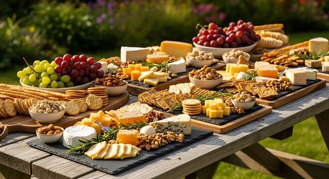 Delicious Cheese Board Display on Wooden Table Outdoor Picnic Spread