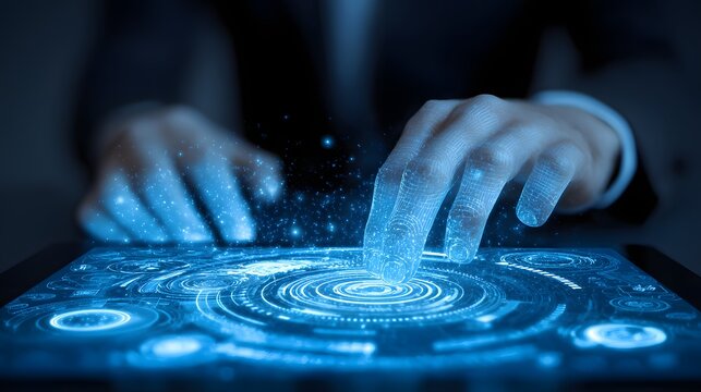 Human fingers interact with a glowing digital interface displaying complex technological diagrams