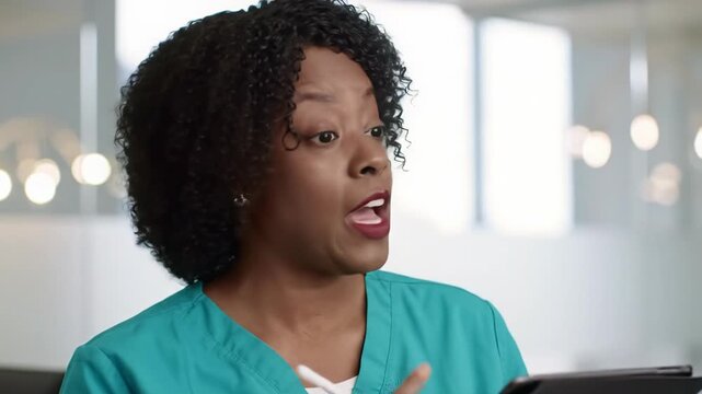 A diverse healthcare professional in modern teal scrubs, with empathetic eye contact and reassuring gesture, taking notes on a digital tablet, against a softly blurred, minimalist clinic. Concept of