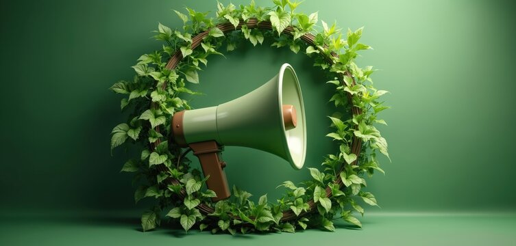 Illustration of megaphone with rich plants against green background. It represents eco friendly communication and promotes nature conservation. Concept is about sustainable environment and awareness.