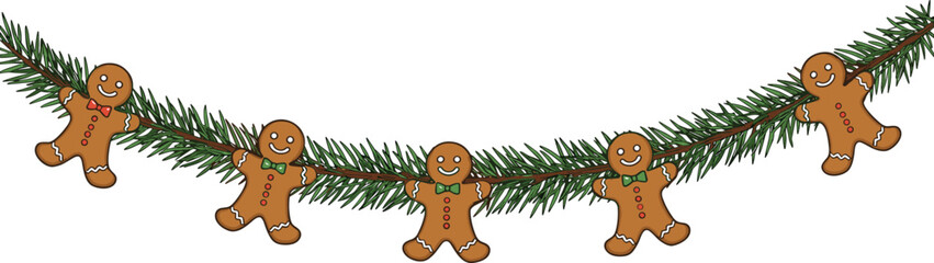 Christmas garland with gingerbread men, festive pine branches, holiday decoration, cute cookie characters, seasonal ornament for winter celebration, vector illustration