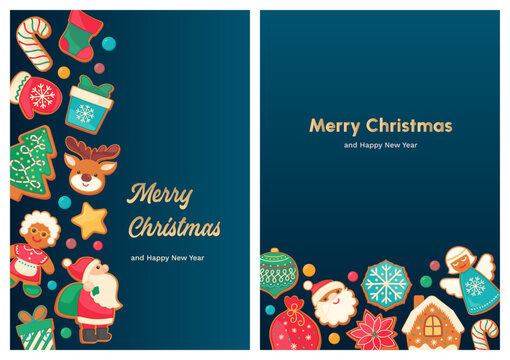 Merry Christmas greeting card with gingerbread cookie border frame. Golden text on navy blue background. Banner, postcard or sugar cookies packaging print. Cute Xmas invitation sweet design template.