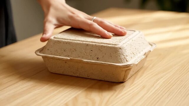 A hand gently rests on a sustainable, compostable food delivery container on a wooden table.