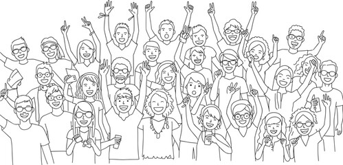 Group of diverse people celebrating together, unity and joy, raised hands, cheerful crowd, multicultural gathering, happy faces, social event, community spirit