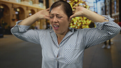 Obraz premium Middle age woman holds hands to ears while grimacing on street as blurred crowd moves behind; annoyance.