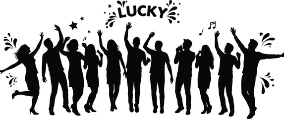Silhouette group dancing, lucky celebration, festive crowd with raised hands, music party vibe, joyful people, star splash, energetic concert moment