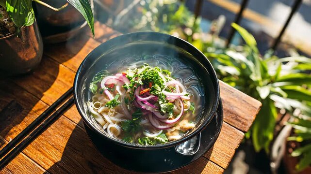 Bowl of delicious pho soup with fresh herbs and sliced onions on table, 4k video