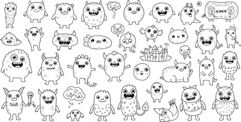 Cartoon monster vector set, cute fantasy creatures, colorful character icons, kids illustration pack, funny animals, playful design, isolated clipart collection