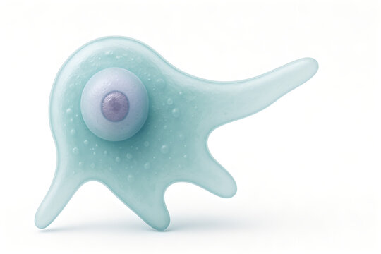 Photorealistic 3D medical illustration of Entamoeba histolytica trophozoite, semi-transparent cytoplasm with central karyosome nucleus, fine peripheral chromatin, dynamic lobopod pseudopod extension