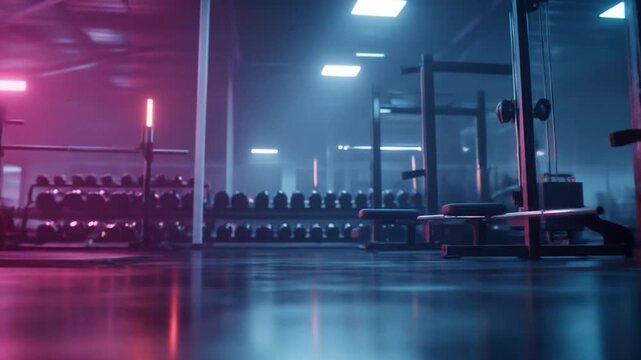 Modern fitness center interior with neon lighting and exercise equipment