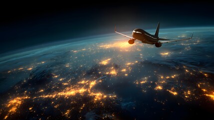 Naklejka premium Modern jet aircraft flies high above the illuminated surface of the planet at night