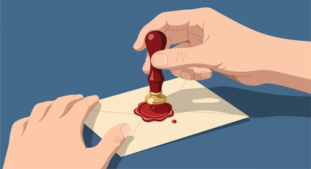 Sealing a letter with red wax and a hand stamp