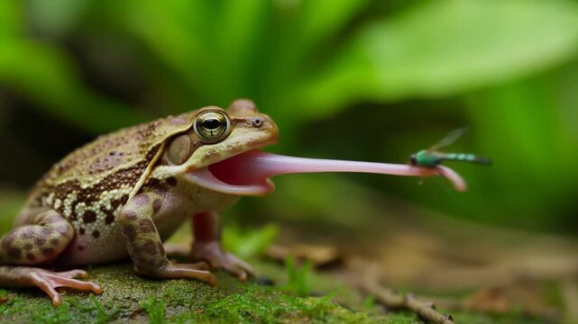 A green frog sits stationary on moss, poised to catch a dragonfly with long tongue mid-flight against a backdrop of lush green foliage in this realistic close-up shot.
