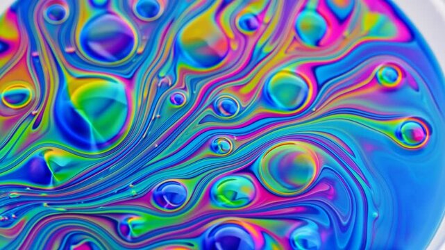 A mesmerizing macro shot reveals vibrant colors intermingling in a fluid dance, creating an abstract masterpiece of iridescent hues and textures.