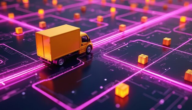 Delivery truck navigates glowing digital circuit board pathways. Small glowing cubes represent parcels at various points. Concept signifies modern automated logistics and rapid e-commerce fulfillment. - Powered by Adobe