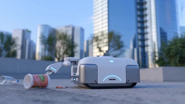 Futuristic self-driving robotic trash collector, city background, white and grey color scheme, cleaning up an urban environment.