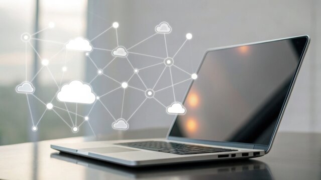 A modern laptop with cloud network connections visually represented above it, symbolizing technology and connectivity.