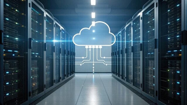 A modern data center with server racks and a cloud computing graphic, illustrating technology and data storage.