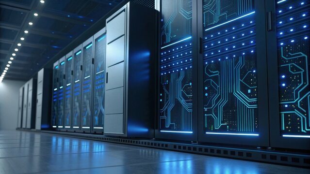 A modern data center with illuminated server racks showcasing advanced technology and a sleek, futuristic design.