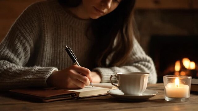 Young woman writing in a notebook next to a warm cup of tea by a cozy fireplace.