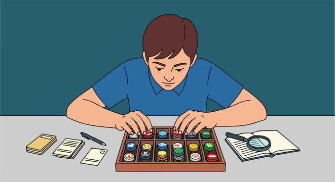 Person analyzing a board game with bottle caps