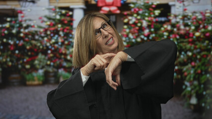 Fototapeta premium Middle aged caucasian woman judge tilts head and points finger to watch on wrist in busy street; time urgency.