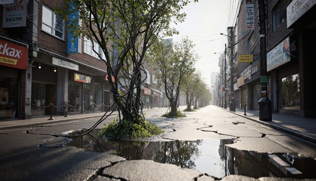 Urban street transformed with trees growing through cracked pavement in early morning light Generative AI - Powered by Adobe