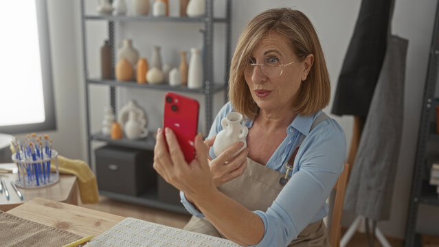 Middle age artisan woman wearing apron holds red smartphone and waves at camera in pottery studio; connection. - Powered by Adobe