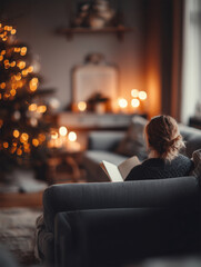 Scandinavian living room with a woman reading a card near a glowing Christmas tree and warm candlelight