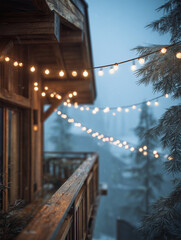 Friends enjoy a cozy evening on an alpine balcony adorned with string lights under a clear sky with pine trees in the background