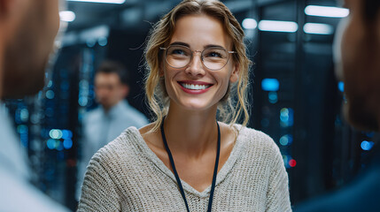 Professional female IT specialist in server room is talking with colleagues about servers, technology, and network systems. Hightech equipment, indicating a technologically advanced environment.