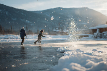 Child skips stones on river dock while friend throws snowball in winter landscape with mountains and sunlight