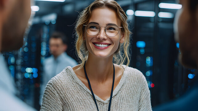 Professional female IT specialist in server room is talking with colleagues about servers, technology, and network systems. Hightech equipment, indicating a technologically advanced environment.