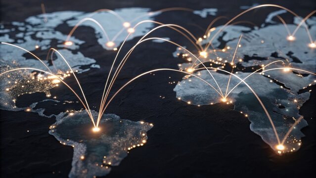 A digital map showcasing global connections with glowing lines representing data flow between different continents.