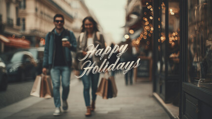 Couple enjoying a shopping day in a lively street during the holiday season with a friend holding coffee