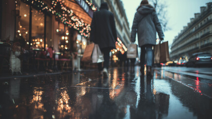 Couple enjoying shopping and a cozy coffee break on a rainy day in a bustling city street