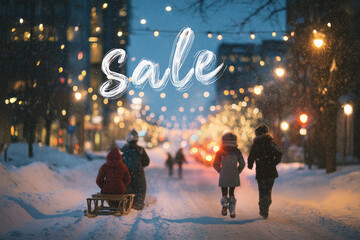 Friends enjoy winter fun with sledding and snowball throwing on a snowy street at night