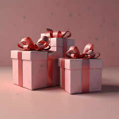 3d rendering illustration of gift boxes with bows on a pink background