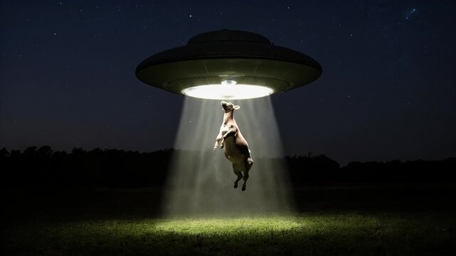 in the still of the night, an unidentified flying object abducts a cow in a field, casting an otherworldly light upon this cinematic scene.