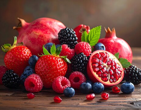 An artistic composition of fresh, antioxidant-rich fruits—blueberries, raspberries, blackberries, strawberries, and pomegranates—arranged on a rustic brown wooden table, with soft natural light.