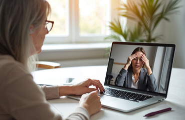 Mature woman provides virtual therapy session on laptop. Younger female patient expresses distress, holds head during online video call, seeking help. Discuss mental health, anxiety, depression,