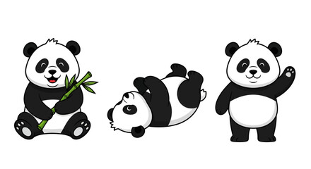 Naklejka premium Charming trio of panda bear illustrations showcasing playful poses and bamboo indulgence
