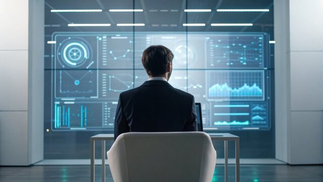 A professional observing data analytics on a large screen in a modern workspace, embodying innovation and technology in action.