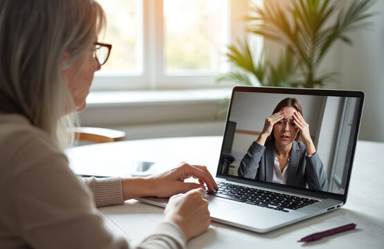 Mature woman provides virtual therapy session on laptop. Younger female patient expresses distress, holds head during online video call, seeking help. Discuss mental health, anxiety, depression,