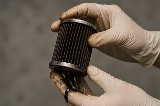 Dirty Filter Inspection: a mechanic inspects a used car filter, soiled with oil, revealing the critical role it plays in engine maintenance.