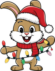 A festive cartoon bunny wearing a red Santa hat and scarf, holding a string of colorful Christmas lights.