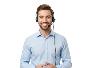Friendly customer service representative with headset isolated on transparent background, offering support and assistance with a warm smile and professional demeanor