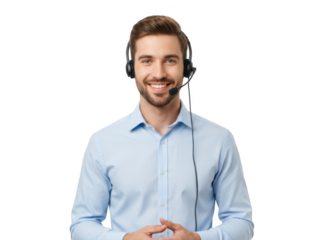 Friendly customer service representative with headset isolated on transparent background, offering support and assistance with a warm smile and professional demeanor