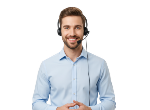 Friendly customer service representative with headset isolated on transparent background, offering support and assistance with a warm smile and professional demeanor