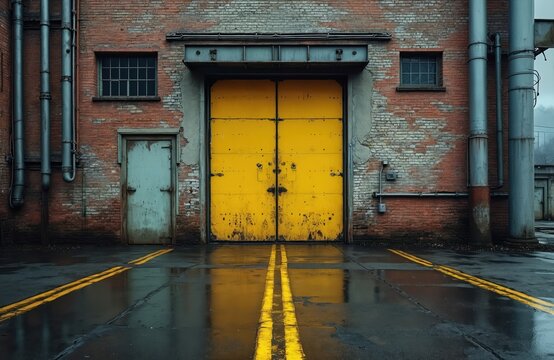 Old industrial building with weathered brick facade. Large yellow sliding door, smaller blue door. Metal pipes, windows on structure. Wet asphalt reflects yellow lines. Moody sky over urban area. - Powered by Adobe